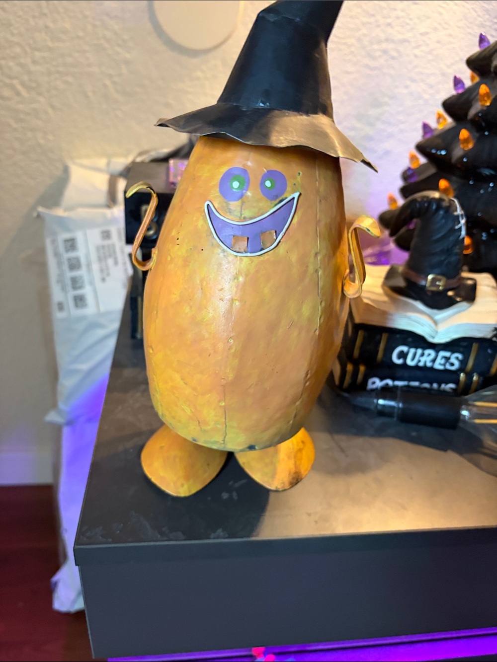 Whimsical Orange Metal Pumpkin Figure with Witch Hat - Home Accents